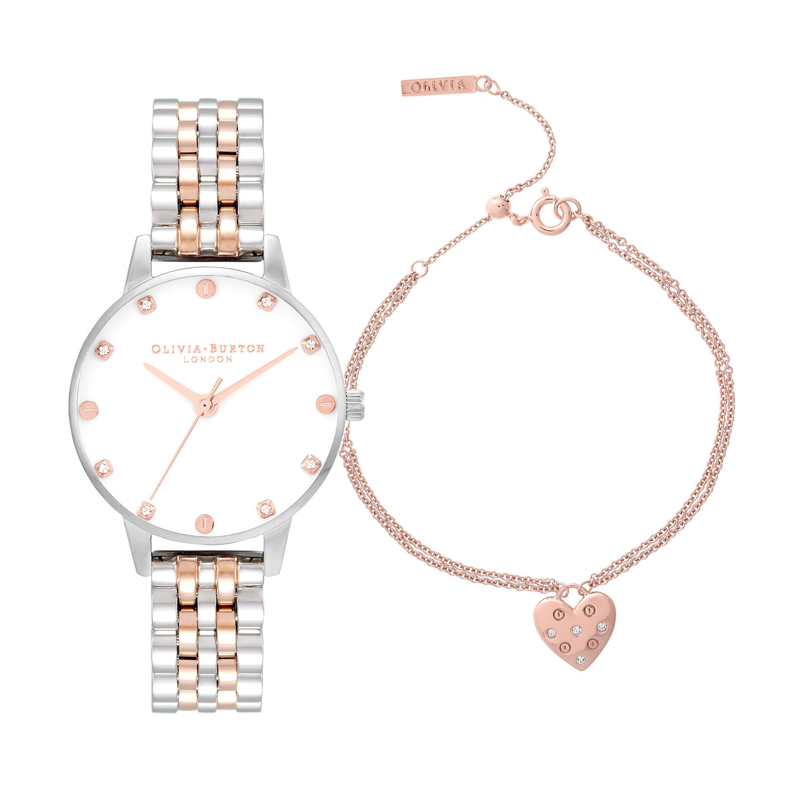 Classic Midi Dial Silver & Rose Gold Bracelet Watch & Classic Heart Bracelet Gift Set