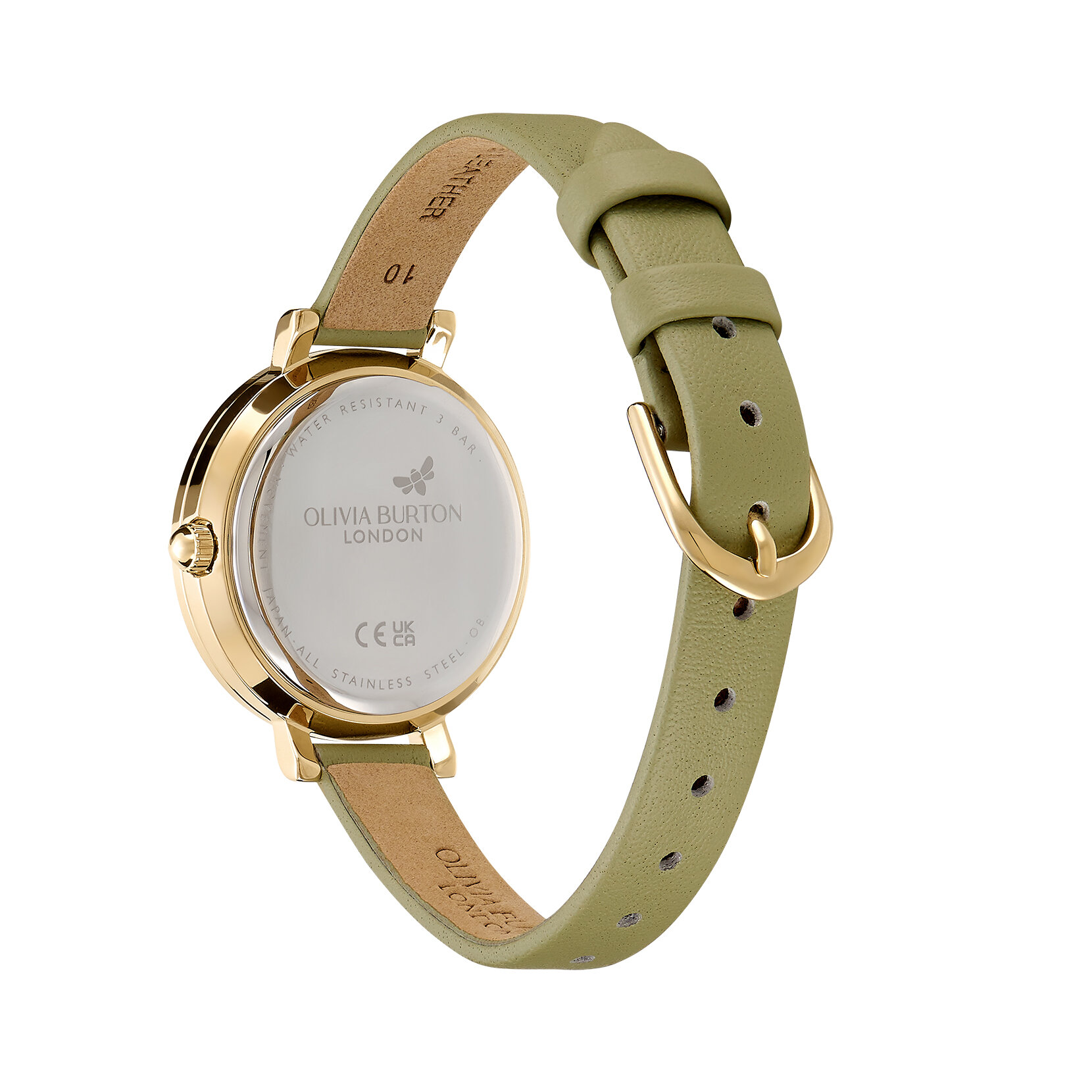 30mm Vintage Bead Gold & Sage Green Leather Strap Watch