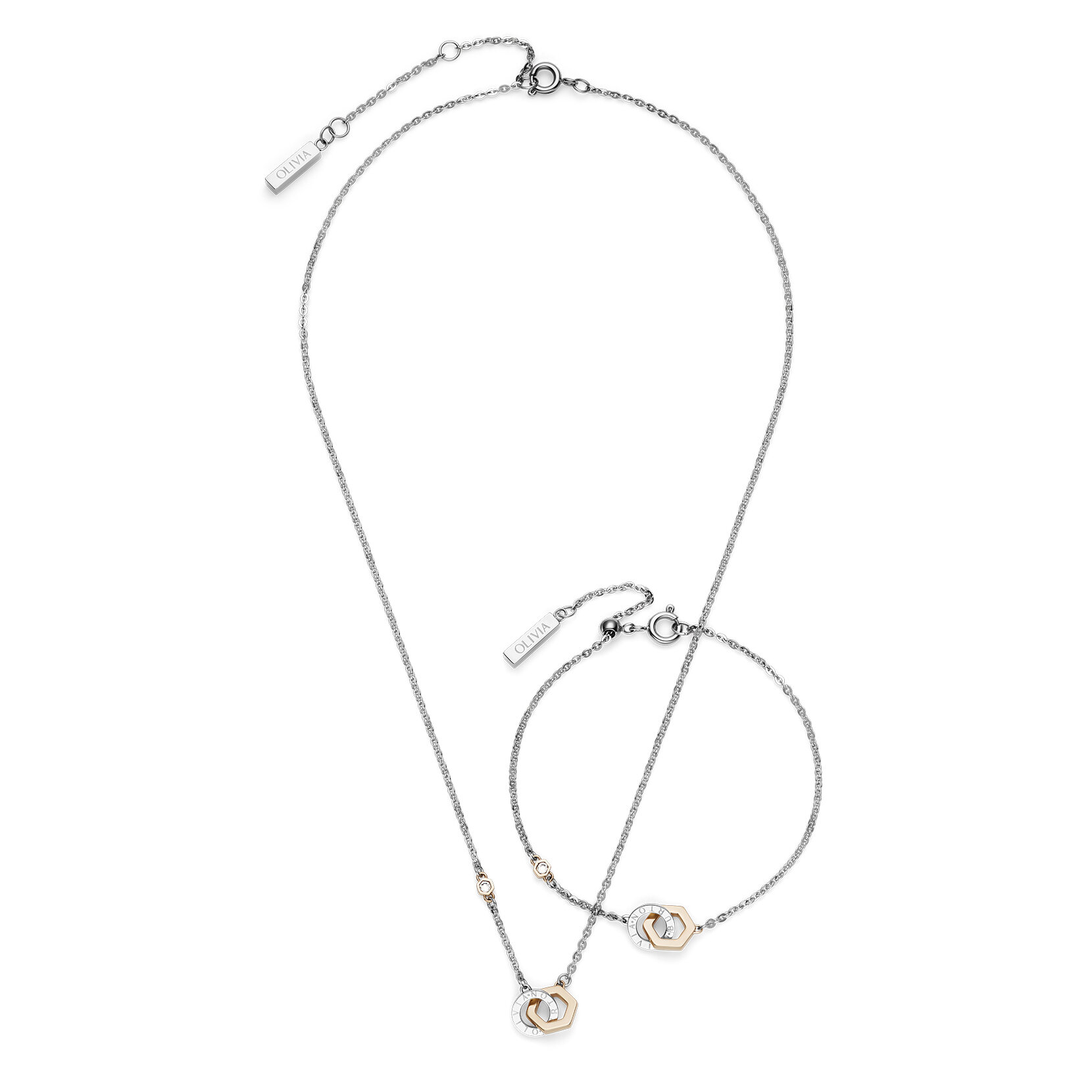 Hex Interlink Silver & Rose Gold Plated Bracelet & Necklace Gift Set