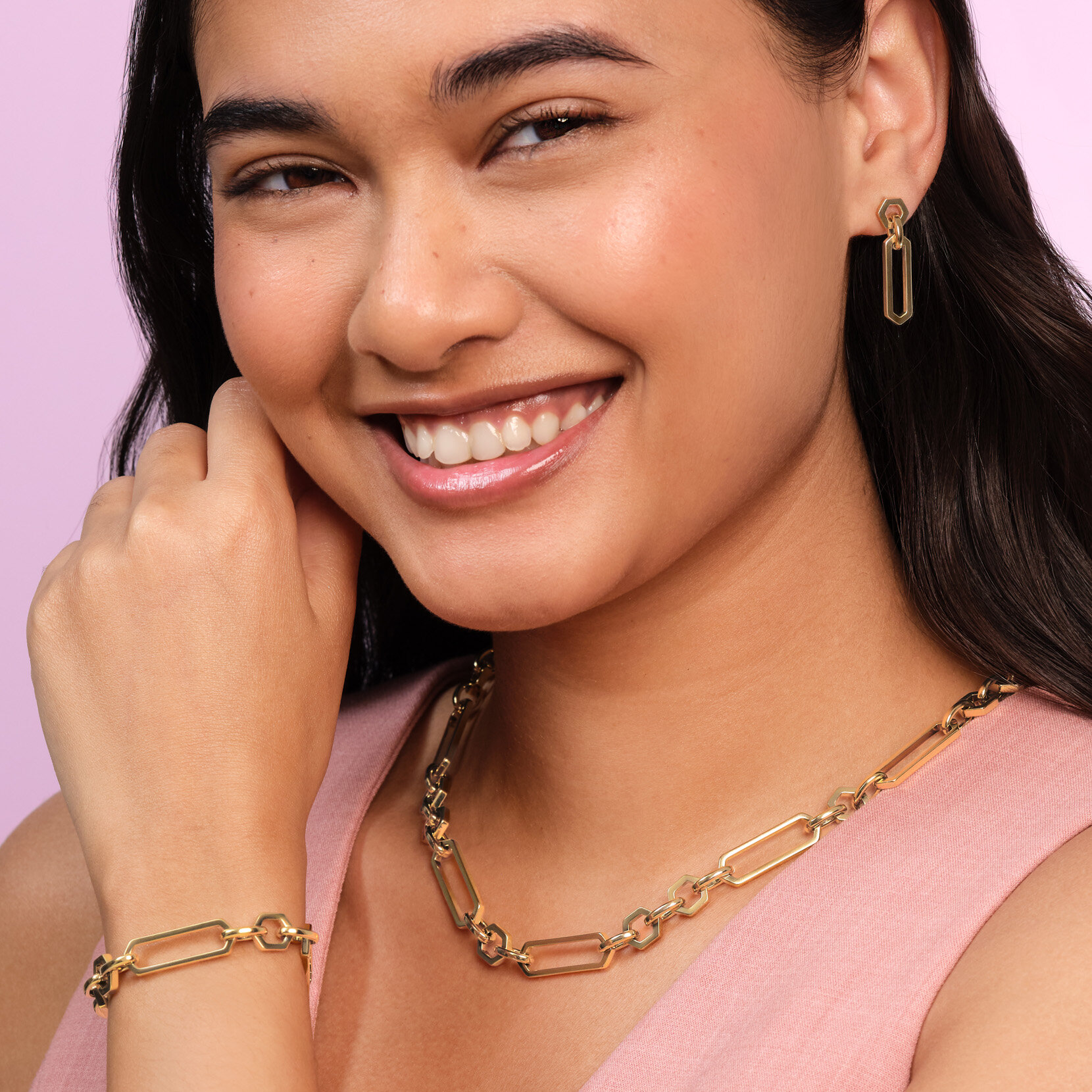 Hex Link Gold Plated Drop Earrings