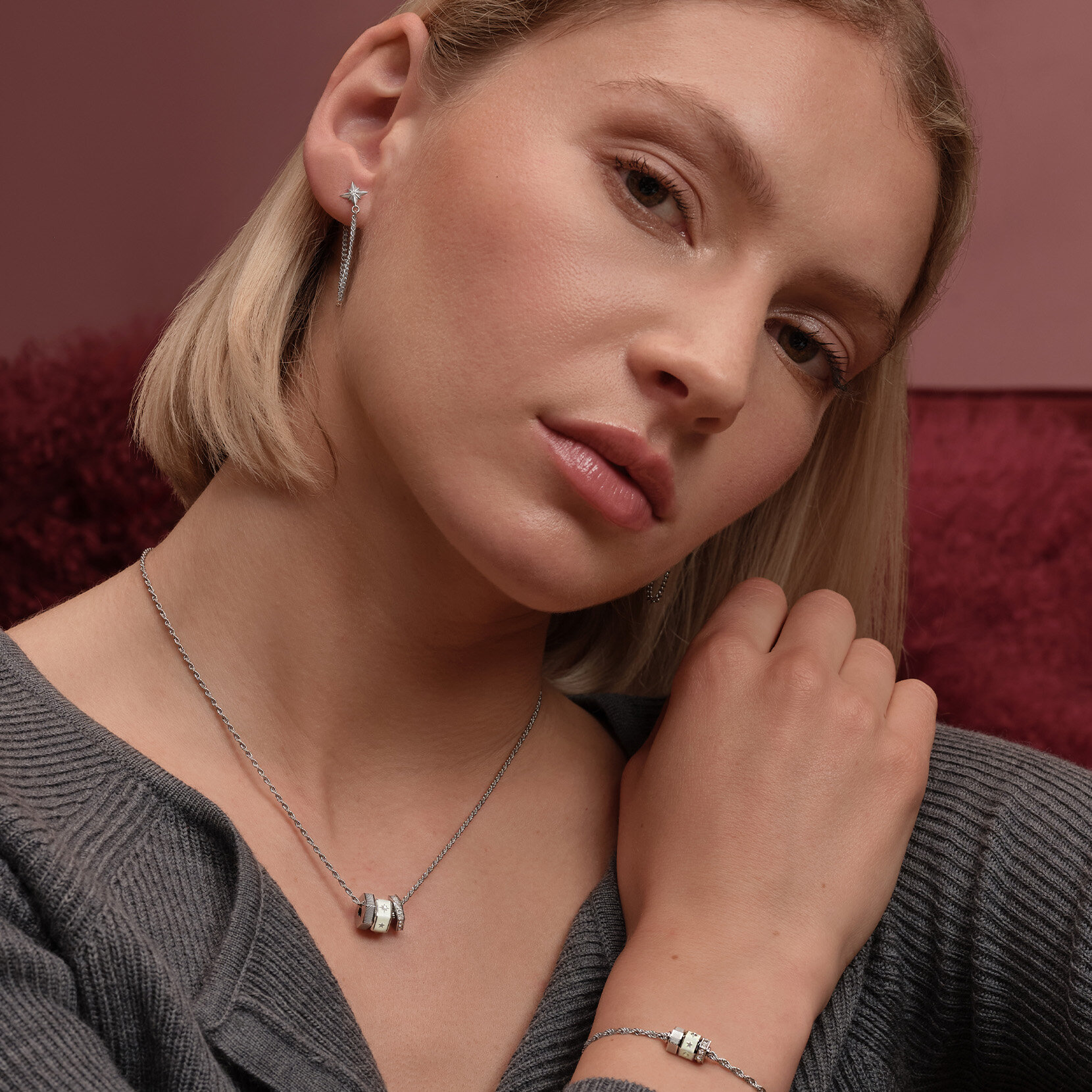 Ivory & Silver Tone Bead Charm Bracelet