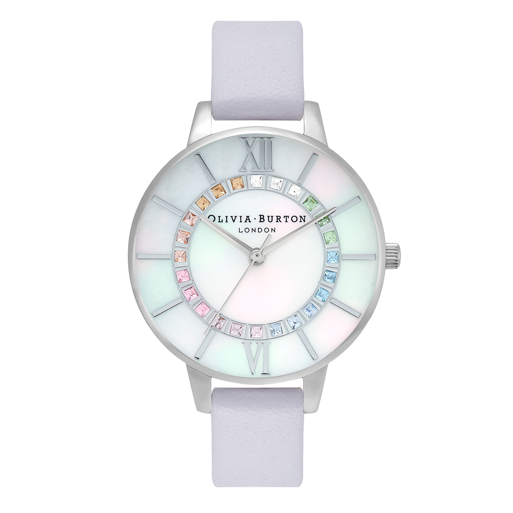 Wonderland 34mm Silver & Lilac Leather Strap Watch | Olivia Burton