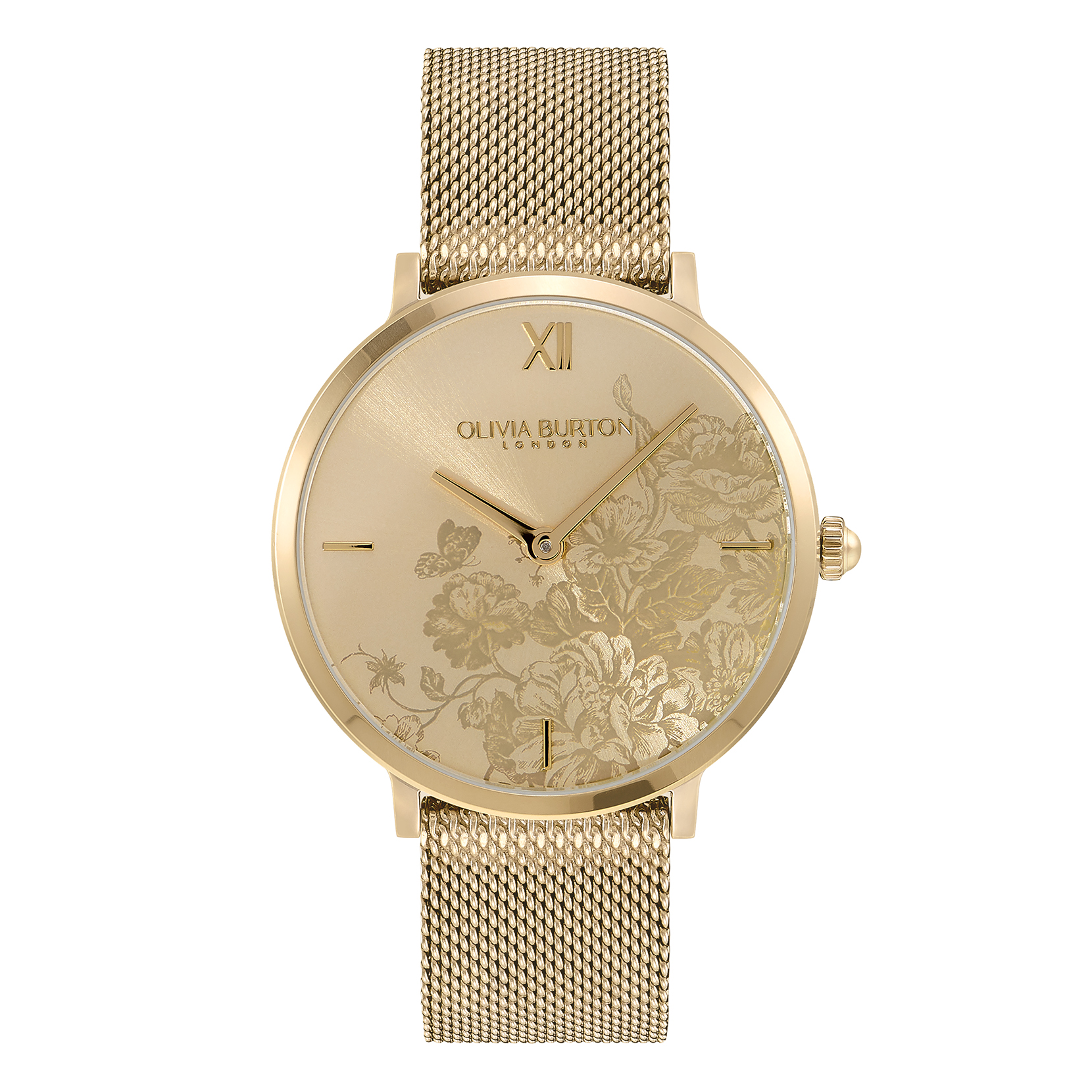 Signature 35mm Floral Blooms Ultra Slim Gold Mesh Watch | Olivia 